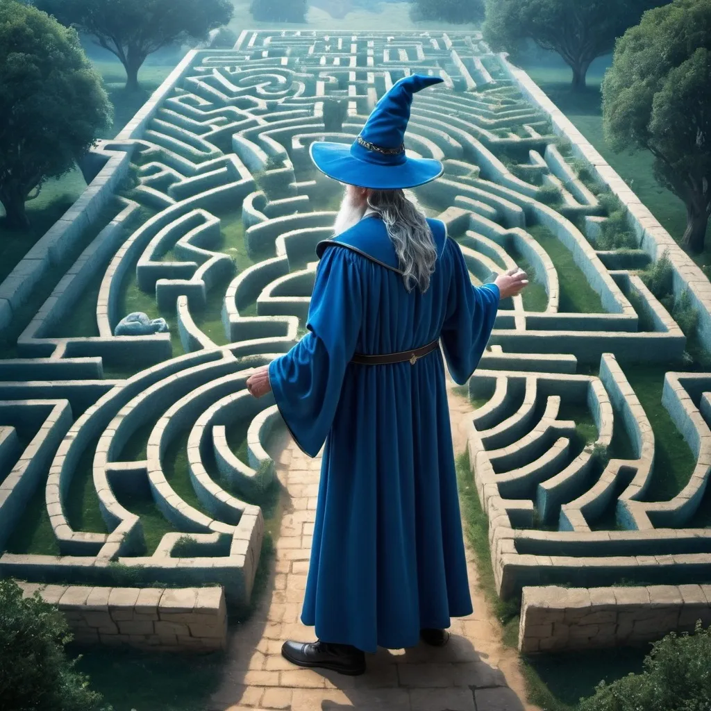 Prompt: Maze Master Wizard in blue gown overlooking varoius mazes