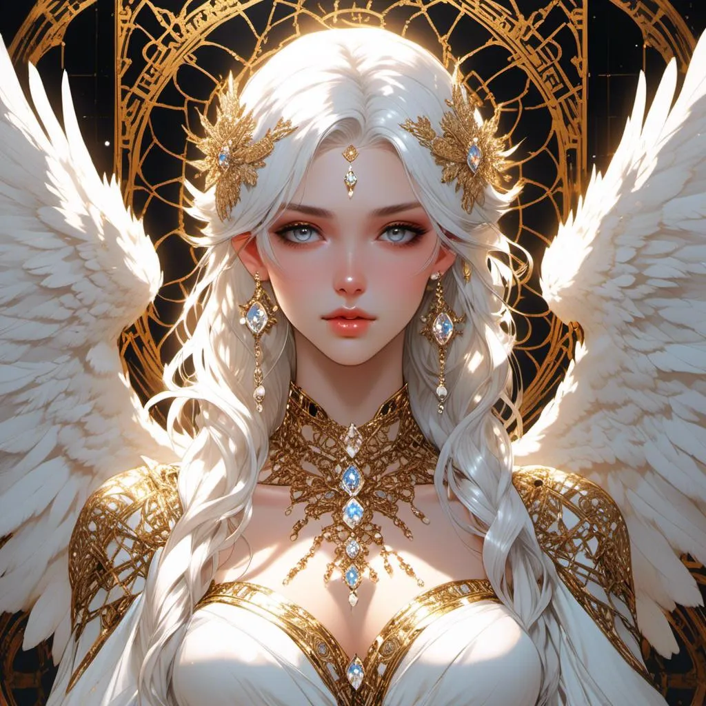 Prompt: <mymodel> a beautiful, angel like woman with white hair, fair skin wearing a white and golden robe with intricate details and a pearly necklace