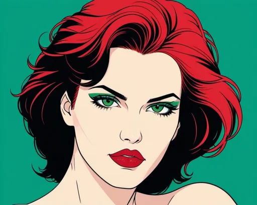 Prompt: Art print, In style of Patrick Nagel, 80s, New Wave, Duran Duran art, two women, full body poses, flat image, comic book, two women, first woman redhead, first woman green eyes, second woman black hair, second woman blue eyes, first woman flirty lip bite, first woman alluring smile, first woman red lips, second woman intense eyes, second woman direct stare, second woman look of desire, first woman  short haircut, second woman long haircut