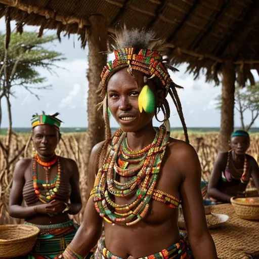 Prompt: (mijikenda, Kenyan coastal Bantu people), vibrant warm colors, rich textures, cultural clothing and artifacts, harmonious community gathering, traditional homesteads in the background, warm atmospheric lighting, intricate patterns, engaging expressions, (dynamic scenery), promoting unity and heritage, high quality, (ultra-detailed).