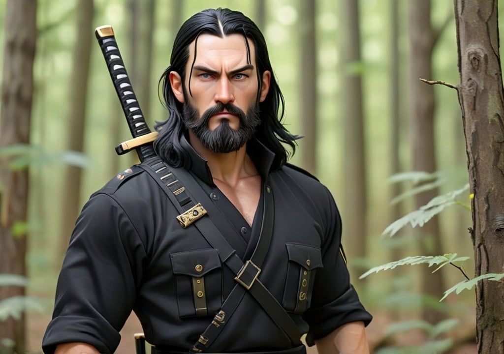 Prompt: White male survivor, long black hair, trimmed black beard, black modern military clothes, black and gold katana on back, in the woods