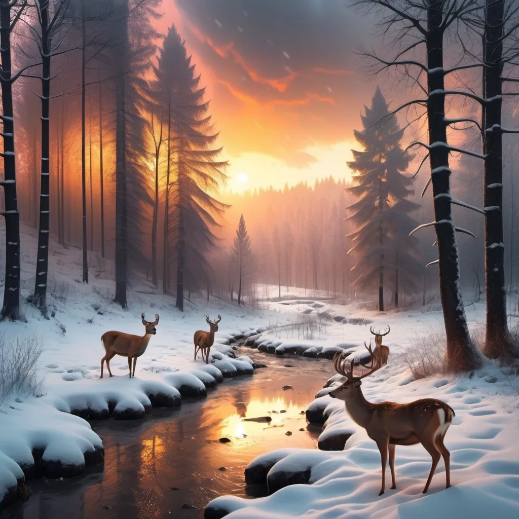 Prompt: paisaje con bosque con clima  lluvioso y nevado al atardecer ycon riachuelos y animales como venado