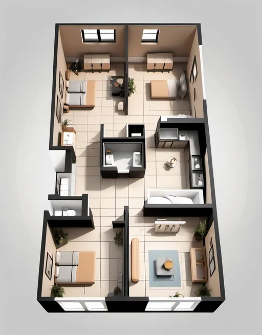 Prompt: Studio Apartment Floor Plan, 2D Vector Illustrations, High Quality, Detailed Layout, Modern Design, Professional Style, Minimalist, Precise Lines, Clean and Sharp, Organized Space, Neutral Color Palette, Top Notch Floor Plan, Well Crafted, Artistic, Spacious Layout, Accurate Representation, High Resolution, Refined, Architectural, Detailed Apartment, Clear and Accurate, Professional Vector Illustration, Organized and Efficient, Minimalist Design 1 Bathroom 2 Dressing Rooms, Male, Female Department and Home Decor, 1 Warehouse, 1 Office and Cashier Place