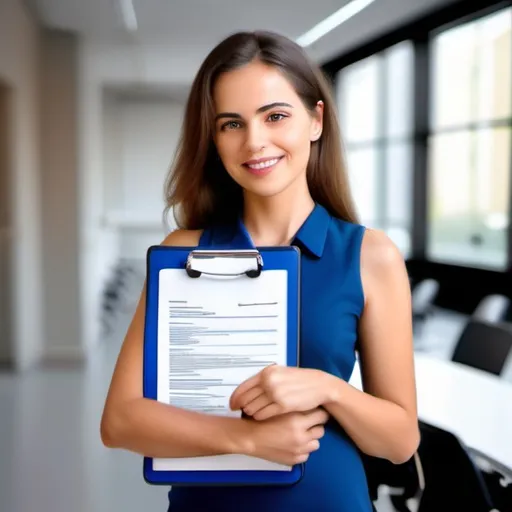 Prompt: a woman standing next to a clipboard with a clipboard on it and a clipboard with a clipboard on it, Carlos Trillo Name, barbizon university , resume, a stock photo of same women 
The women should be in formal attire 
the expression must be satisfied which shows that she is satisfied with the resume