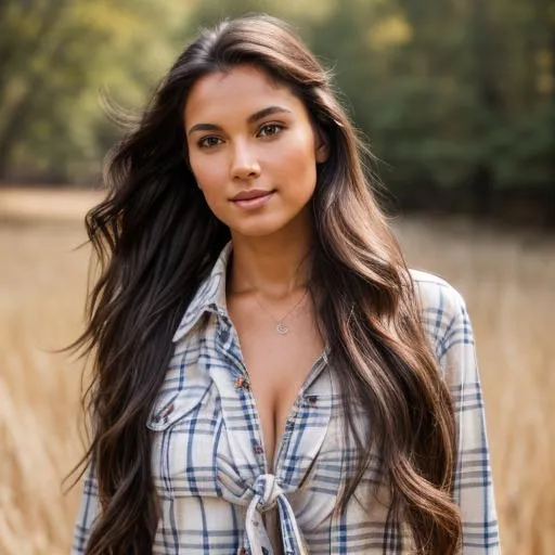 Prompt: Supermodel Woman, long wavy dark hair in a ponytail laying over her shoulder, sun tann, tie up flannel shirt,  full body portrait photography, natural lighting, detailed face, 4k
