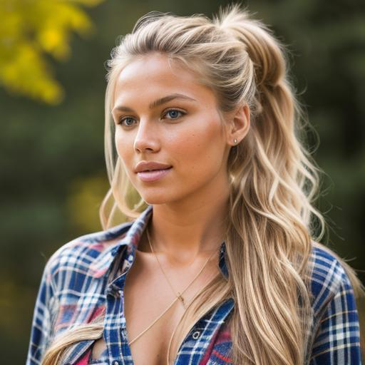 Prompt: Supermodel Woman, long wavy blonde hair in a ponytail laying over her shoulder, sun tann, tie up flannel shirt, , realistic,  full body portrait photography, natural lighting, detailed face, 