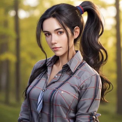 Prompt:  Woman, long wavy dark hair in a ponytail laying over her shoulder, sun tann, tie up flannel shirt, {{ realistic, high-quality full body portrait photography, natural lighting, detailed face, 