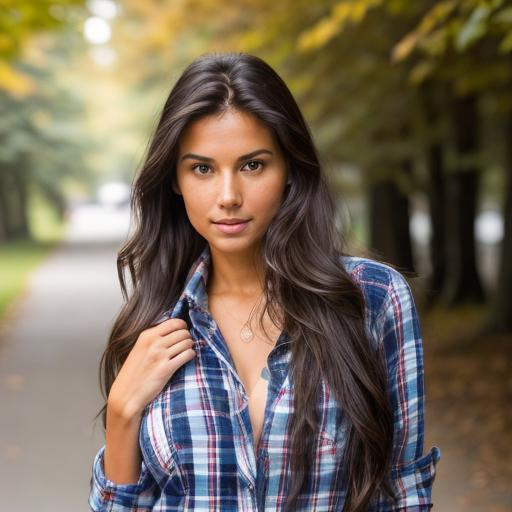 Prompt: Supermodel Woman, long wavy dark hair in a ponytail laying over her shoulder, sun tann, tie up flannel shirt,  full body portrait photography, natural lighting, detailed face, 4k