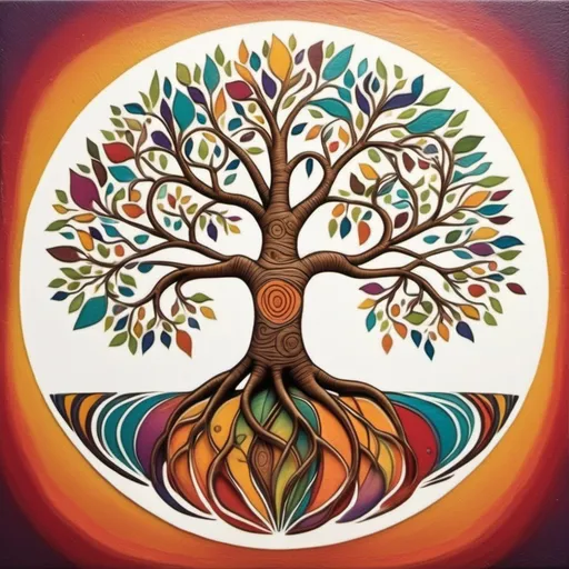 Prompt: tree of life with roots, grounded aesthetic, larger tree with vibrant colors, add whimsy