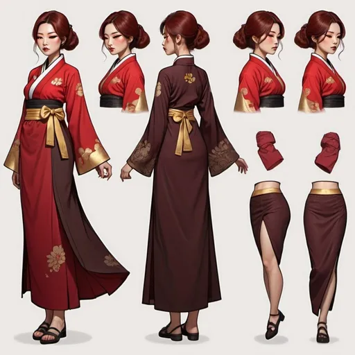 Prompt: Character design sheet classy Korean curvy woman, medium length dark brown and red hair, a red Hanbok dress with gold accents, tattoos