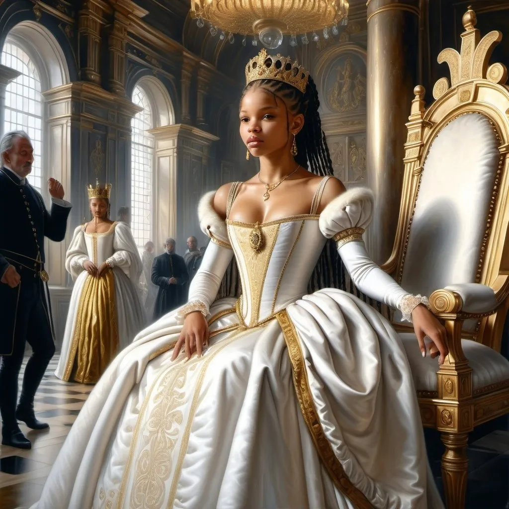 Prompt: Hyper-realistic painting by Serge Marshennikov, Luis Royo, Karol Bak:: Halle Bailey, wearing a Elizabethan queenly white dress with gold trim, and a gold queen, she is walking through the Elizabethan throne room as everyone looks on in envy:: 8k resolution, incredible details, a masterpiece, photorealistic