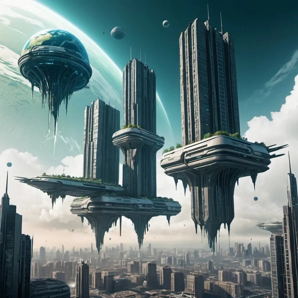 Prompt: Buildings floating above a dying earth in futuristic sci-fi buildings, defying gravity. 