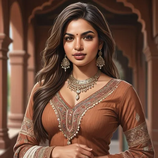Prompt: Realism illustration of a college student with Indian/Pakistani descent, hourglass figure, detailed boho clothing, resembling Priyanka Chopra and Sonakshi Sinha, realistic style, detailed features, boho fashion, hourglass figure, detailed facial features, Indian/Pakistani heritage, high-quality, realistic, detailed clothing, resemblance, professional, realistic skin tones, detailed hair, natural lighting