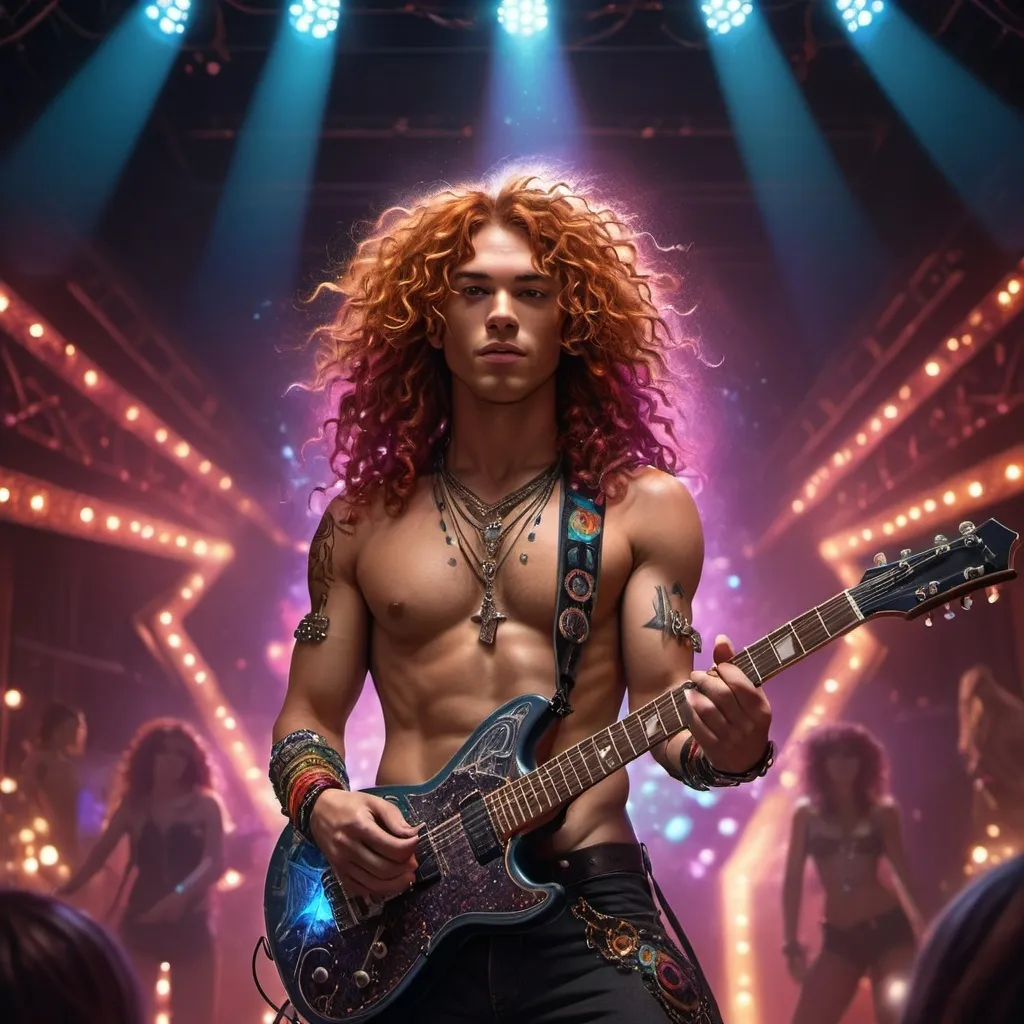 Prompt: CGI, masterpiece, man preforming on stage as a rock star, curly red wavy hair, tan skin, broad shoulders, vivid and colorful, piercings, glowing lights and decoration, intense and dramatic lighting, ultra-detailed, futuristic, pop star stage, moody, atmospheric lighting.