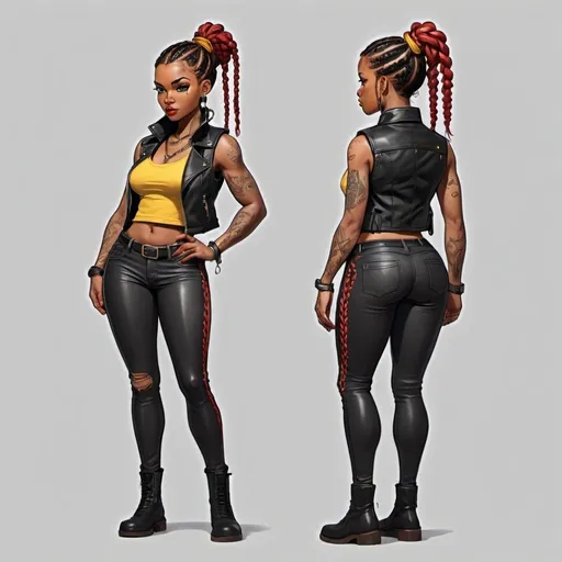 Prompt: Character design sheet black woman, dark tan skin, red-black ponytail, braided hair, black leather vest with yellow accents, tattoos, curvy