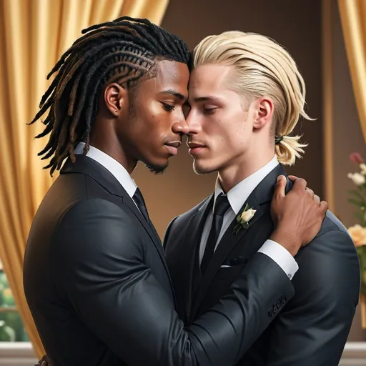 Prompt: A heartwarming, realistic portrait of a interracial gay couple, Ben and Thomas. Ben is white with short, straight tousled blonde hair. Thomas is a black man with dreads. Both Thomas and Ben are wearing beautiful black suits with gold accents.
Thomas and Ben are warmly embracing. They are both wrapping their arms around each other in a loving hug. Thomas's expression is one of pure affection and love as he holds Ben close. Ben looks at Thomas in awe and love. They are surrounded by a delicate romantic background, and gentle ribbons cascading down the sides. Hyper realistic, splash art, concept art, mid shot, intricately detailed, color depth, dramatic, 2/3 face angle, side light, colorful background