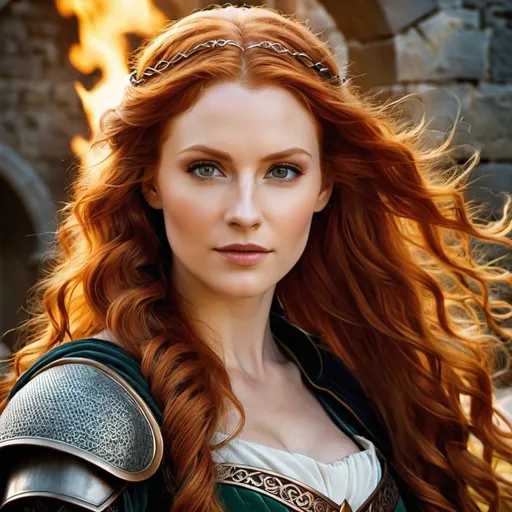 Prompt: A fantasy movie poster, medieval background, woman with long wavy red hair, hazel eyes, Baldur's Gate 3 style