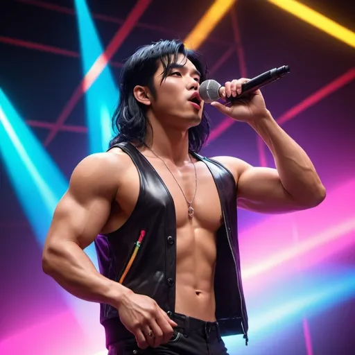 Prompt: CGI, masterpiece, Asian man preforming on stage as a pop star, medium length wavy black hair, muscular, vivid and colorful, glowing lights and decoration, intense and dramatic lighting, ultra-detailed, bumble gum pop star stage, flirtatious gaze, vivid colors, bubble gum pop,  atmospheric lighting.