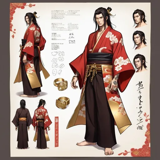 Prompt: Character design sheet classy Japanese man, long dark brown hair with gold accessories, a red Kimono with gold accents, tattoos