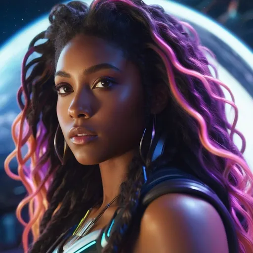 Prompt: CGI, masterpiece, black girl on a dangerous alien planet, long curly hair, cleavage, sci-fi, vivid and otherworldly environment, glowing flora and fauna, intense and dramatic lighting, ultra-detailed, sci-fi, futuristic, dangerous planet, intense gaze, vivid colors, otherworldly,  atmospheric lighting.