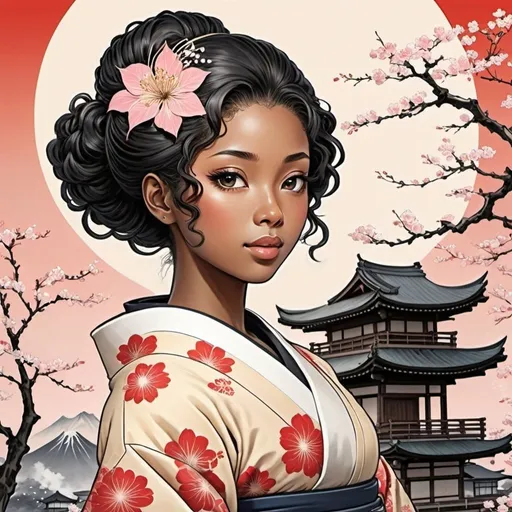 Prompt: Japanese romance manga book cover, Japanese Edo background, beautiful black woman, Japanese manga art style.