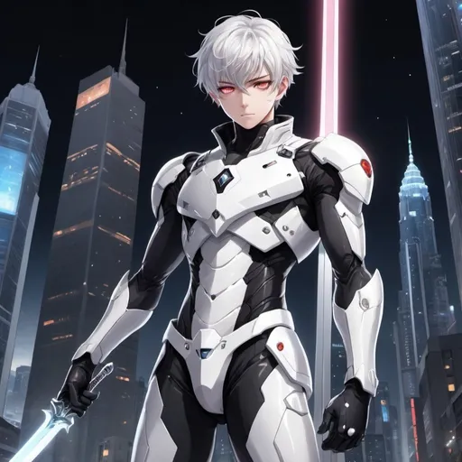 Prompt: anime, boy, detailed, very detailed, a man in a white armor futuristic suit with a sword on a city street with skyscrapers in the background, official art, anime, boy, detailed, very detailed, crystal ruby eyes, short silver hair, 8k, detailed eyes, glove holding, Anime illustration of a tall man, hands behind back, black thigh-highs and black gloves, bright pupils, space, starfalls , high quality, thin body, anime art, detailed eyes, professional, atmospheric lighting, normal hands, five fingers, aura, adult woman, cold face, sharp eyes, 1boy, glowing eyes