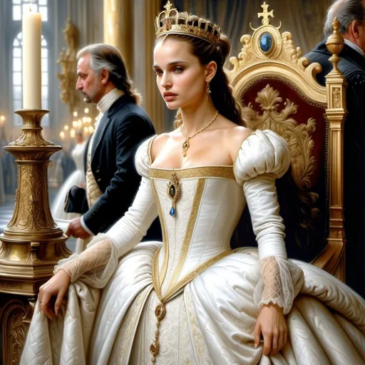 Prompt: Hyper-realistic painting by Serge Marshennikov, Luis Royo, Karol Bak:: elegant and distinguished Natalie Portman, wearing a Elizabethan queenly white dress with gold trim, and a gold queen, she is walking through the Elizabethan throne room as everyone looks on in envy:: 8k resolution, incredible details, a masterpiece, photorealistic
