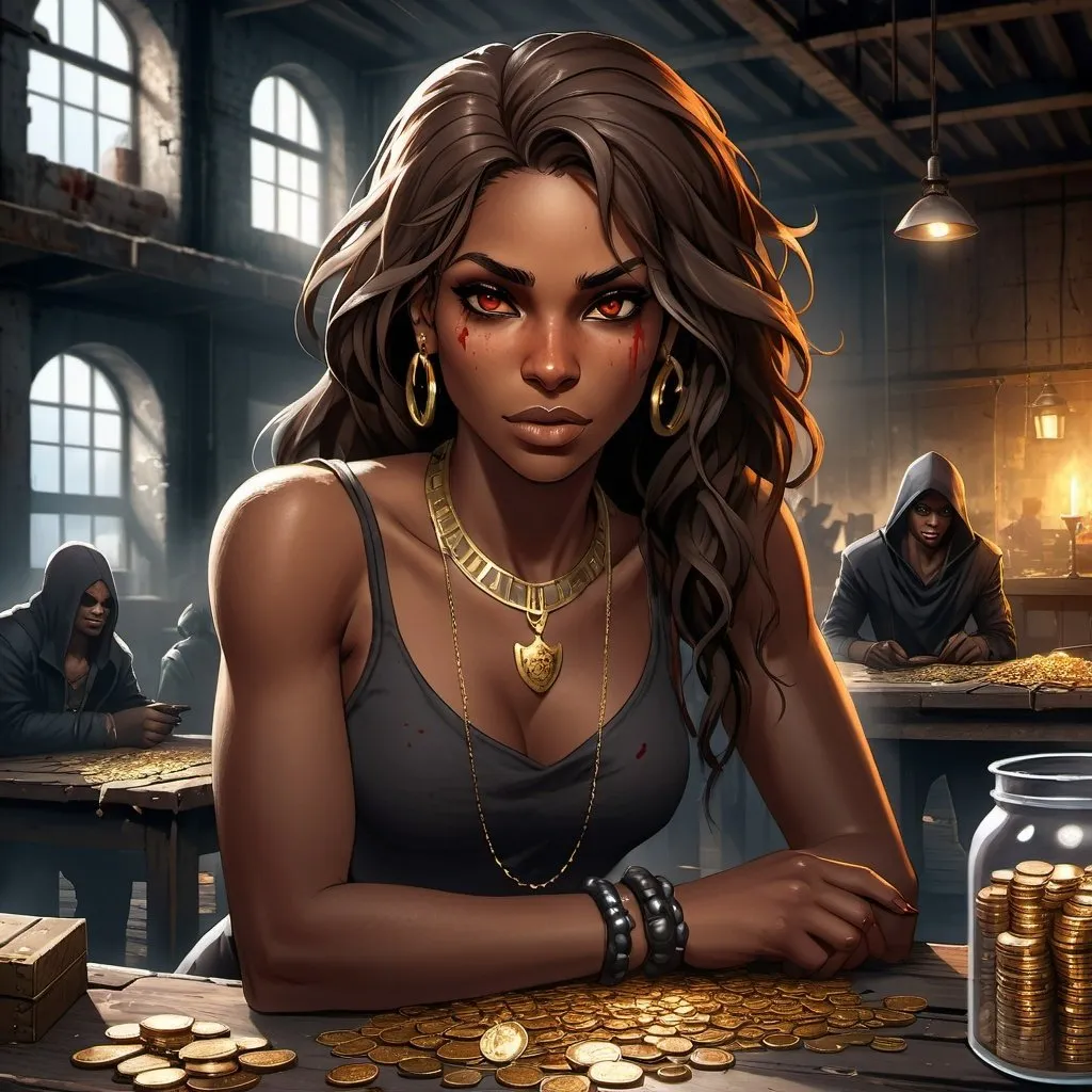 Prompt: Game-RPG fantasy illustration closeup of a slender 20s black female thief with natural textured slightly scarred face, long curvy brown hair with red accents, thin scar on her cheek, in an abandoned warehouse near the docks, pile gold jewelry and coins and gold bars spread on a table, two fellow thieves in the background with other loot, detailed facial features, textured digital painting, textured natural skin, atmospheric lighting, cool tones, detailed surroundings, professional, highres, loot, hideout, fantasy RPG, ombré hair, abandoned warehouse, docks, jewelry, fellow thieves, atmospheric lighting