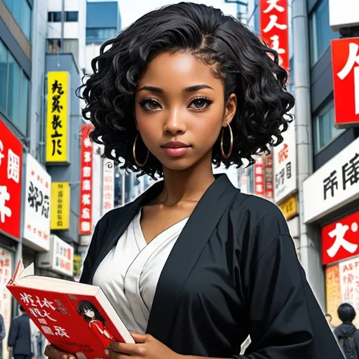 Prompt: A Japanese manga book cover, Shibuya background, a beautiful black woman, Japanese manga style.