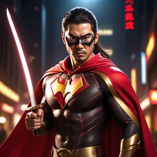 Prompt: CGI, masterpiece, Asian man long dark brown hair tied into low ponytail, brown eyes, superhero, super-strength, fighting crime, focused gaze, red and gold superhero outfit with mask and cape, and katana on his hip, vivid and colorful, glowing lights and decoration, intense and dramatic lighting, ultra-detailed, focused gaze, vivid colors, atmospheric lighting, full scene