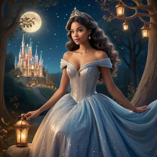 Prompt: A reimagining of Cinderella, (long curly dark brown hair), (caramel skin), elegantly dressed in a stylish gown shimmering in moonlight, (whimsical setting) featuring a sparkling fairy godmother casting magic. The background reveals a charming enchanted forest under starlit skies, with (soft warm tones) and a (dreamy, romantic ambience). Ultra-detailed, high-quality image, perfect for a vibrant retelling of the classic tale.