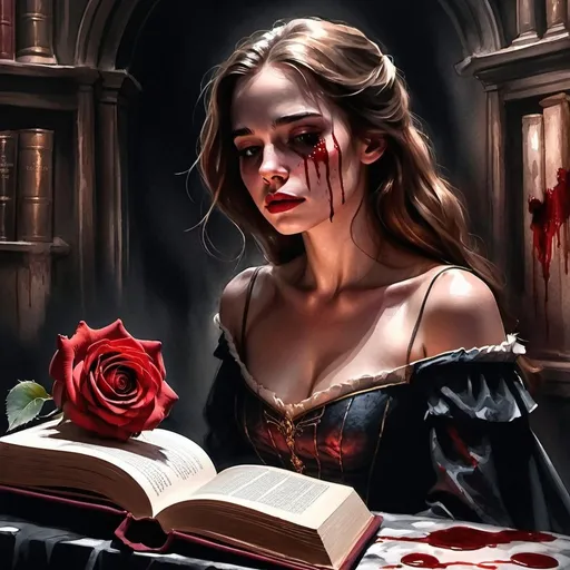 Prompt: Dark retelling of Beauty and the Beast with the rose, her face darkened by dramatic lighting, surrounded by blood on the walls and dead bodies surrounding her in a dark watercolor painting. Beauty has lost her love of books from all the the horrors she's seen and done, leaving us to wonder how the story changed. 