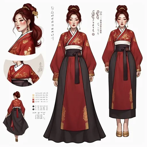 Prompt: Character design sheet classy Korean curvy woman, medium length dark brown and red hair, a red Hanbok dress with gold accents, tattoos