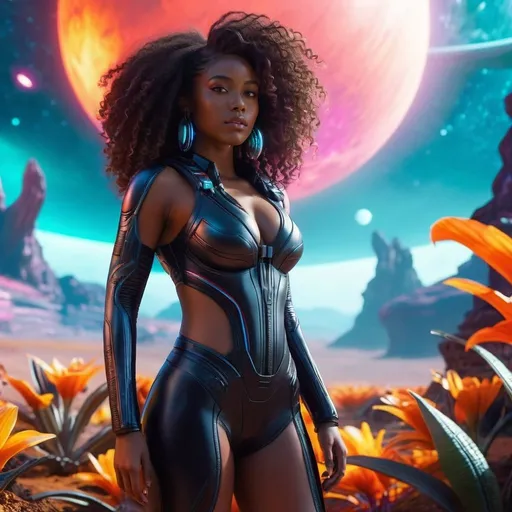 Prompt: CGI, masterpiece, black girl on a dangerous alien planet, long curly hair, cleavage, sci-fi, vivid and otherworldly environment, glowing flora and fauna, intense and dramatic lighting, ultra-detailed, sci-fi, futuristic, dangerous planet, intense gaze, vivid colors, otherworldly,  atmospheric lighting.