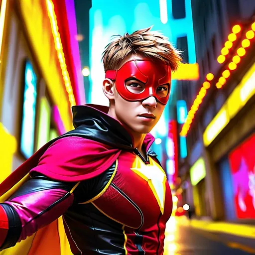 Prompt: CGI, masterpiece, man short light brown hair, superhero, energetic, red and yellow superhero outfit with eye mask and cape, flying through the city, vivid and colorful, glowing lights and decoration, intense and dramatic lighting, ultra-detailed, focused gaze, vivid colors, atmospheric lighting, full scene