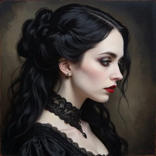 Prompt: Profile portrait of a gothic woman, oil painting, flowing black hair, pale skin, intense gaze, red lipstick, dark eyeshadow, elegant Victorian attire, high quality, realistic, gothic, moody lighting, dark tones, detailed lace, atmospheric, haunting beauty, professional