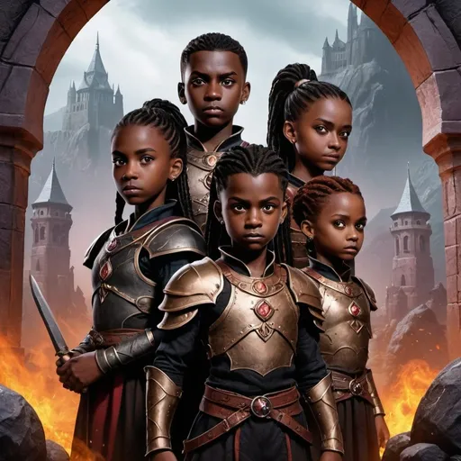 Prompt: A fantasy movie poster, a world similar to Narania background, black siblings ready to save the world, Baldur's Gate 3 style.