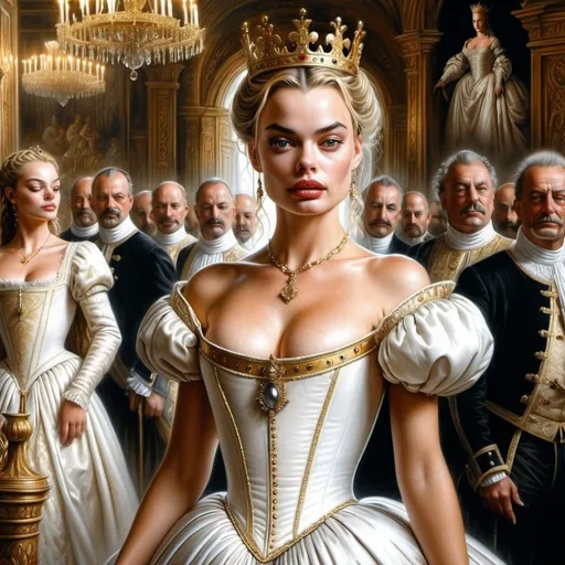 Prompt: Hyper-realistic painting by Serge Marshennikov, Luis Royo, Karol Bak:: elegant and distinguished Margot Robbie, wearing a Elizabethan queenly white dress with gold trim, and a gold queen, she is walking through the Elizabethan throne room as everyone looks on in envy:: 8k resolution, incredible details, a masterpiece, photorealistic