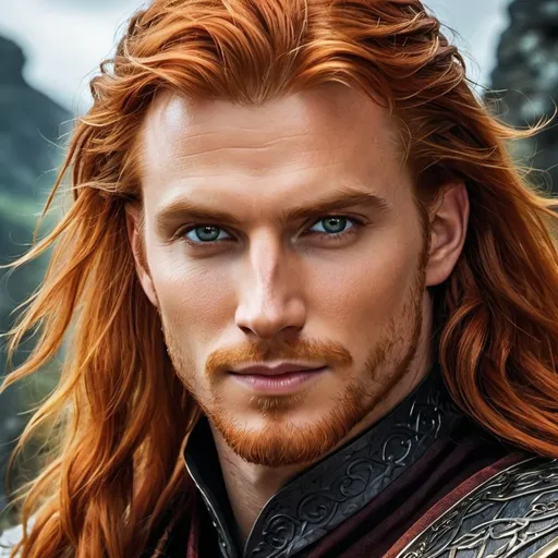 Prompt: A fantasy movie poster, medieval background, man with long wavy red hair, hazel eyes, Baldur's Gate 3 style