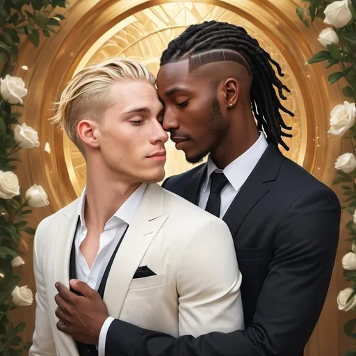 Prompt: A heartwarming, realistic portrait of a interracial gay couple, Ben and Thomas. Ben is white with short, straight tousled blonde hair. Thomas is a black man with dreads. Both Thomas and Ben are wearing beautiful black suits with gold accents.
Thomas and Ben are warmly embracing. They are both wrapping their arms around each other in a loving hug. Thomas's expression is one of pure affection and love as he holds Ben close. Ben looks at Thomas in awe and love. They are surrounded by a delicate romantic background, and gentle ribbons cascading down the sides. Hyper realistic, splash art, concept art, mid shot, intricately detailed, color depth, dramatic, 2/3 face angle, side light, colorful background