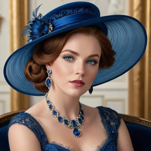 Prompt: Beautiful woman with blue eyes & Auburn hair, blue jewelry, intricate oval face, elegant & elaborate blue formal dress with velvet and lace detailing, blue milliner's hat, fair skin, upturned nose, full bosomy figure, blue high heels, sitting for a portrait, 8k, realistic, elegant, detailed, formal attire, intricate jewelry, portrait sitting, blue color scheme, fair complexion, exquisite hair, high-quality lighting