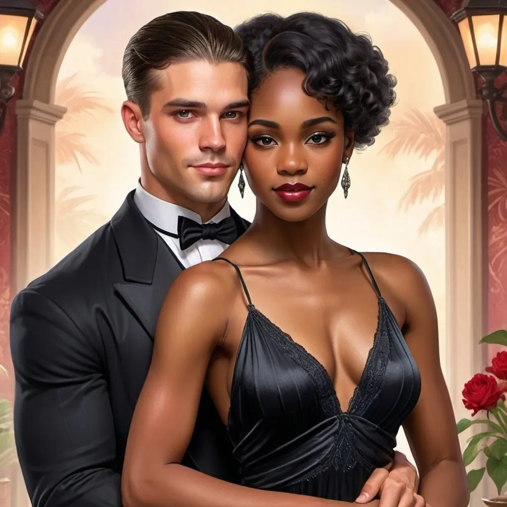 Prompt: Romance novel style book cover with a handsome man holding a gorgeous black woman, 1920s style outfits and background. Interracial couple.