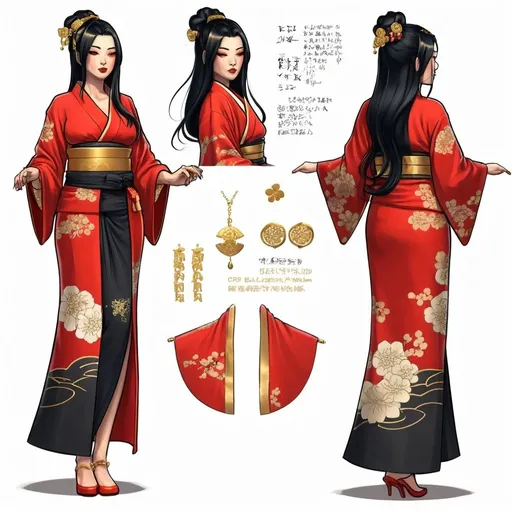 Prompt: Character design sheet classy Japanese curvy woman, long black hair with gold accessories, a red Kimono with gold accents, tattoos