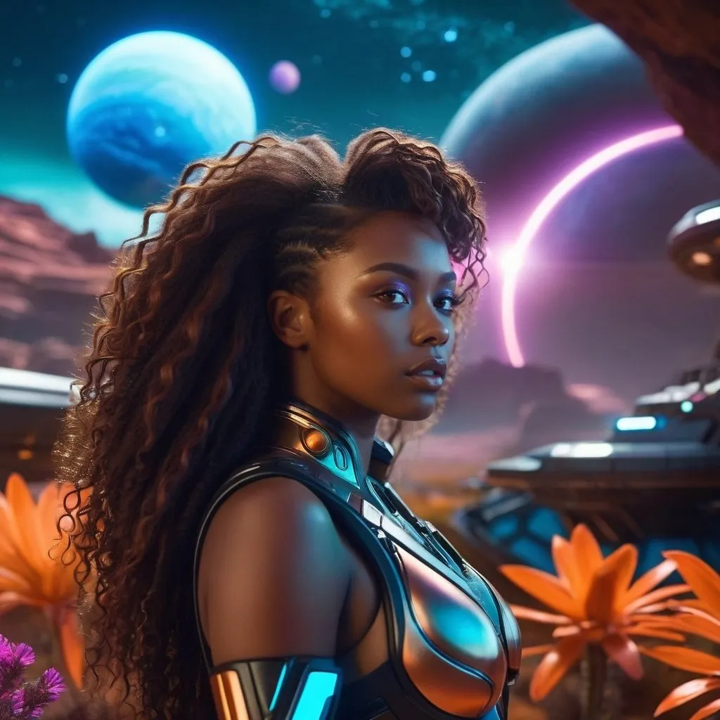 Prompt: CGI, masterpiece, black girl on a dangerous alien planet, long curly hair, cleavage, sci-fi, vivid and otherworldly environment, glowing flora and fauna, intense and dramatic lighting, ultra-detailed, sci-fi, futuristic, dangerous planet, intense gaze, vivid colors, otherworldly,  atmospheric lighting.