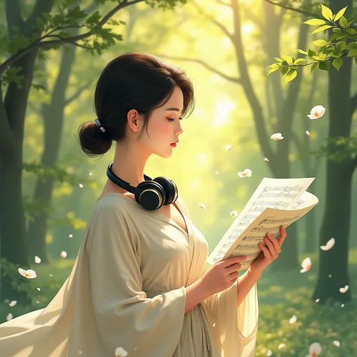 Prompt: A reserved yet passionate Japanese woman in her early 30s, with sleek dark brown hair tied in a low chignon and graceful features. Wears flowing neutral-toned clothing, often seen with headphones or sheet music in hand.

