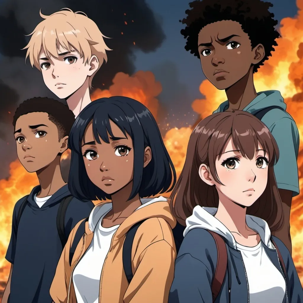 Prompt: Anime: a small group of anime teenagers of diverse racial backgrounds, who have discovered the world was destroyed, 4k, high-quality, anime, thoughtful and concern expressions, poster