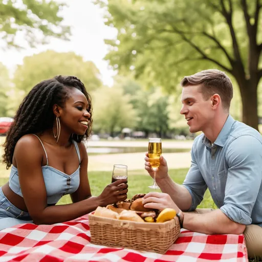 Prompt: a white man on a date with a black woman; picnic date