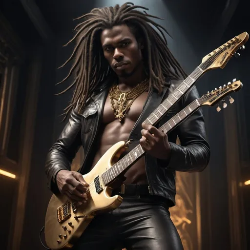 Prompt: Professional Photo, Model, gorgeous black man with long curly dark brown dreads with gold accents playing electric guitar, on a stage, smokey, backlighting, HD, 
sf, intricate artwork masterpiece, ominous, matte painting movie poster, golden ratio, trending on cgsociety, intricate, epic, trending on artstation, by artgerm, h. r. giger and beksinski, highly detailed, vibrant, production cinematic character render, ultra high quality model