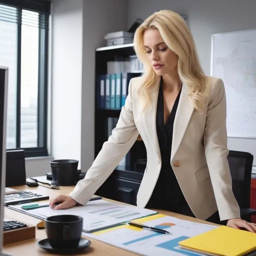 Prompt: Create an image of a beautiful blonde woman working in her office, wearing a power suit