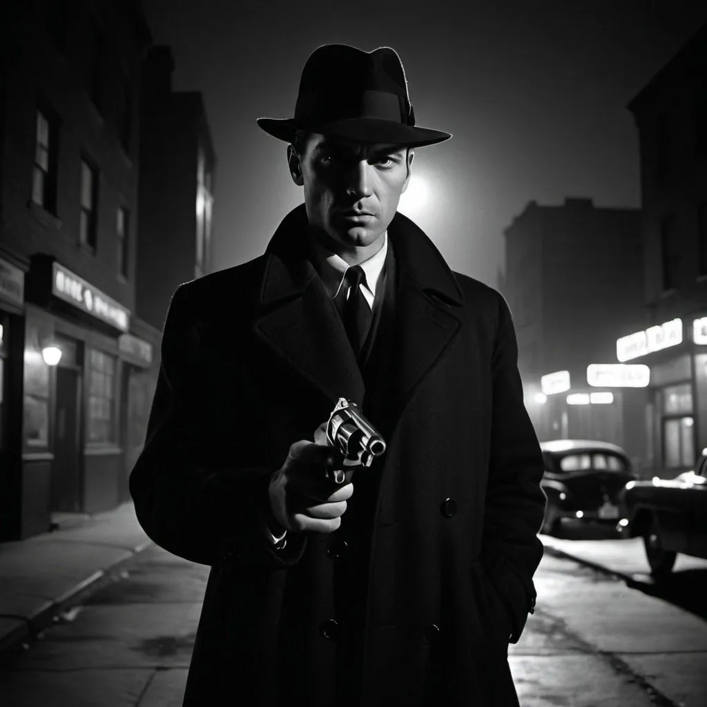 Prompt: dim, night film noir photography, Detective, 1950s, holding revolver, city background, black coat and hat, shadows